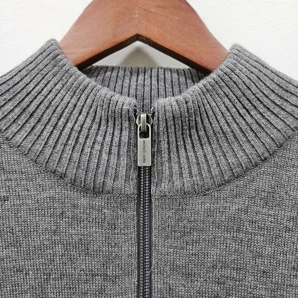 Michael Kors Mens Wool Blend Full Zip Sweater Size L Grey Pockets Warm Neutral